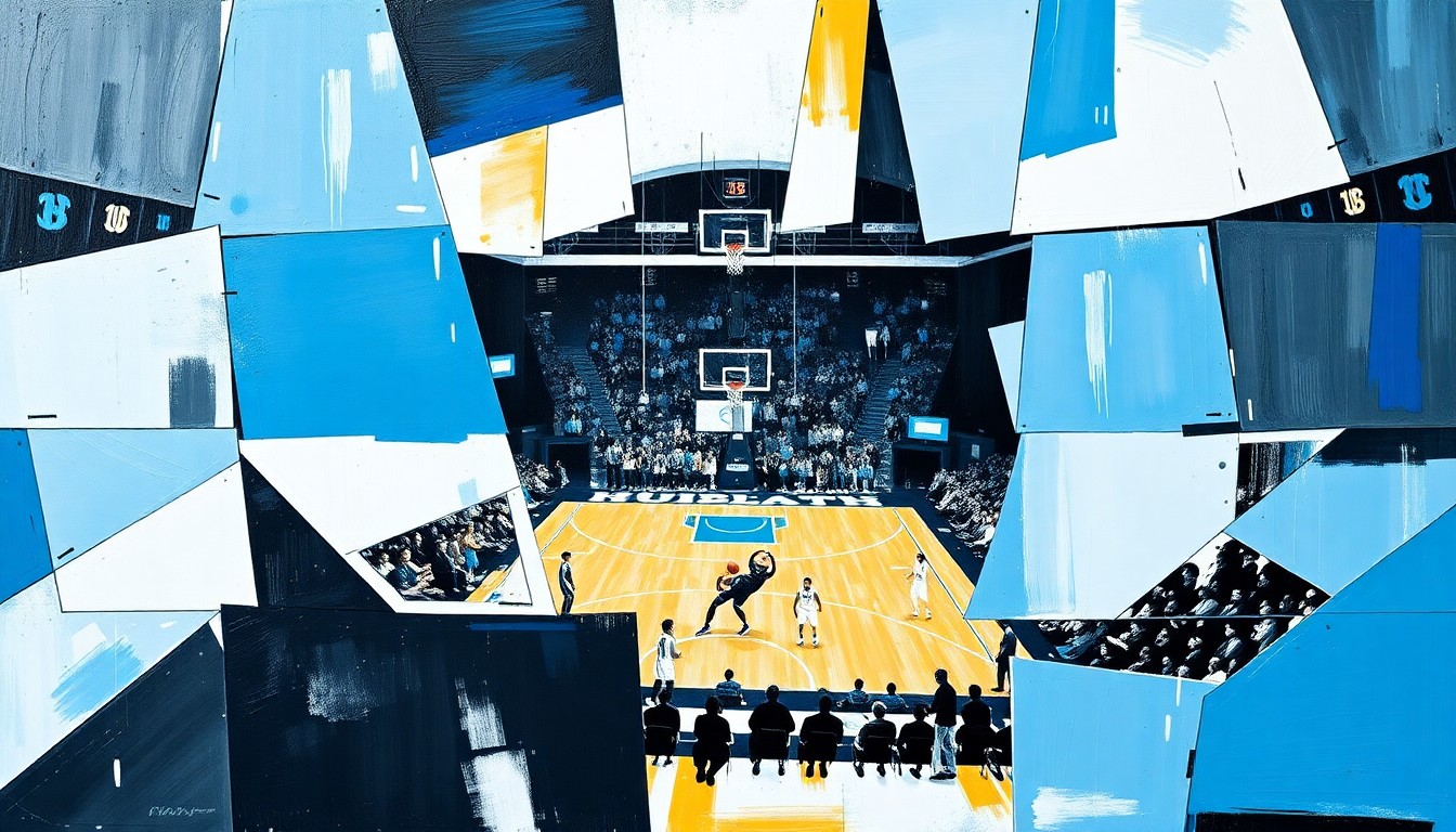 A cubist, geometric painting depicting the action of a college basketball game, with sharp, overlapping planes of Carolina blue, white, and black representing the intensity and energy of the sport.