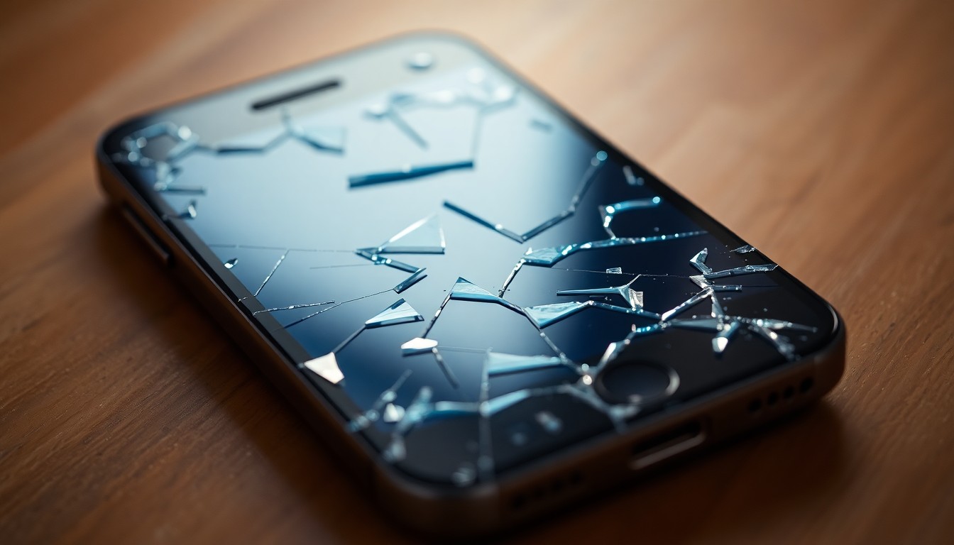An extreme close-up photograph of a shattered cell phone screen, reflecting a faint blue light, conceptually representing the aftermath of a violent domestic incident.