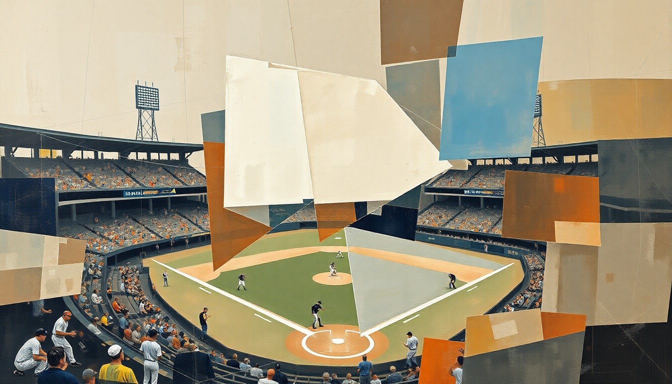 A fractured, cubist-style painting depicting a baseball game or match, with sharp geometric shapes and planes in muted earth tones, conveying the lack of excitement and appeal surrounding the Colorado Rockies' on-field performance.