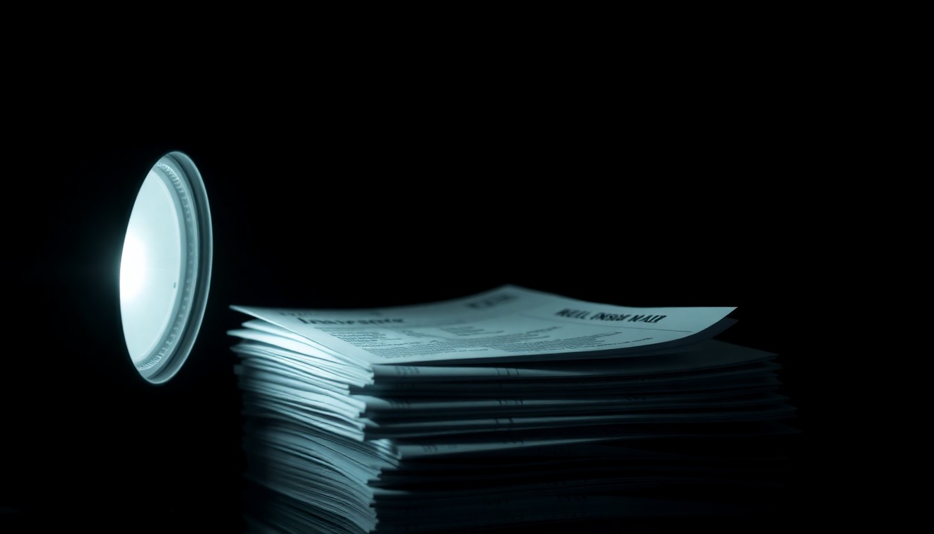 An extreme close-up of crumpled medical bills and insurance documents, dramatically lit by a harsh flash against a dark background, conceptually representing the gritty investigation into a major healthcare fraud case.