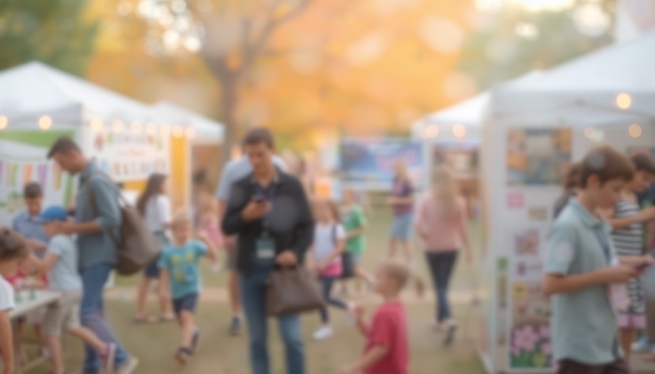 An abstract, impressionistic photograph of blurred, colorful shapes and figures representing people enjoying outdoor activities and exhibits at a community Earth Day celebration.