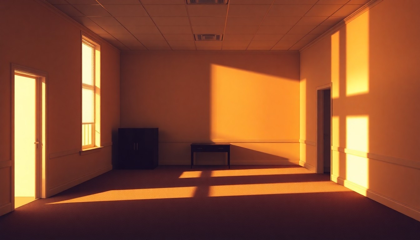 A dimly lit, cinematic painting of an empty government office space, with warm sunlight streaming through the windows and deep shadows casting an air of contemplation and uncertainty.
