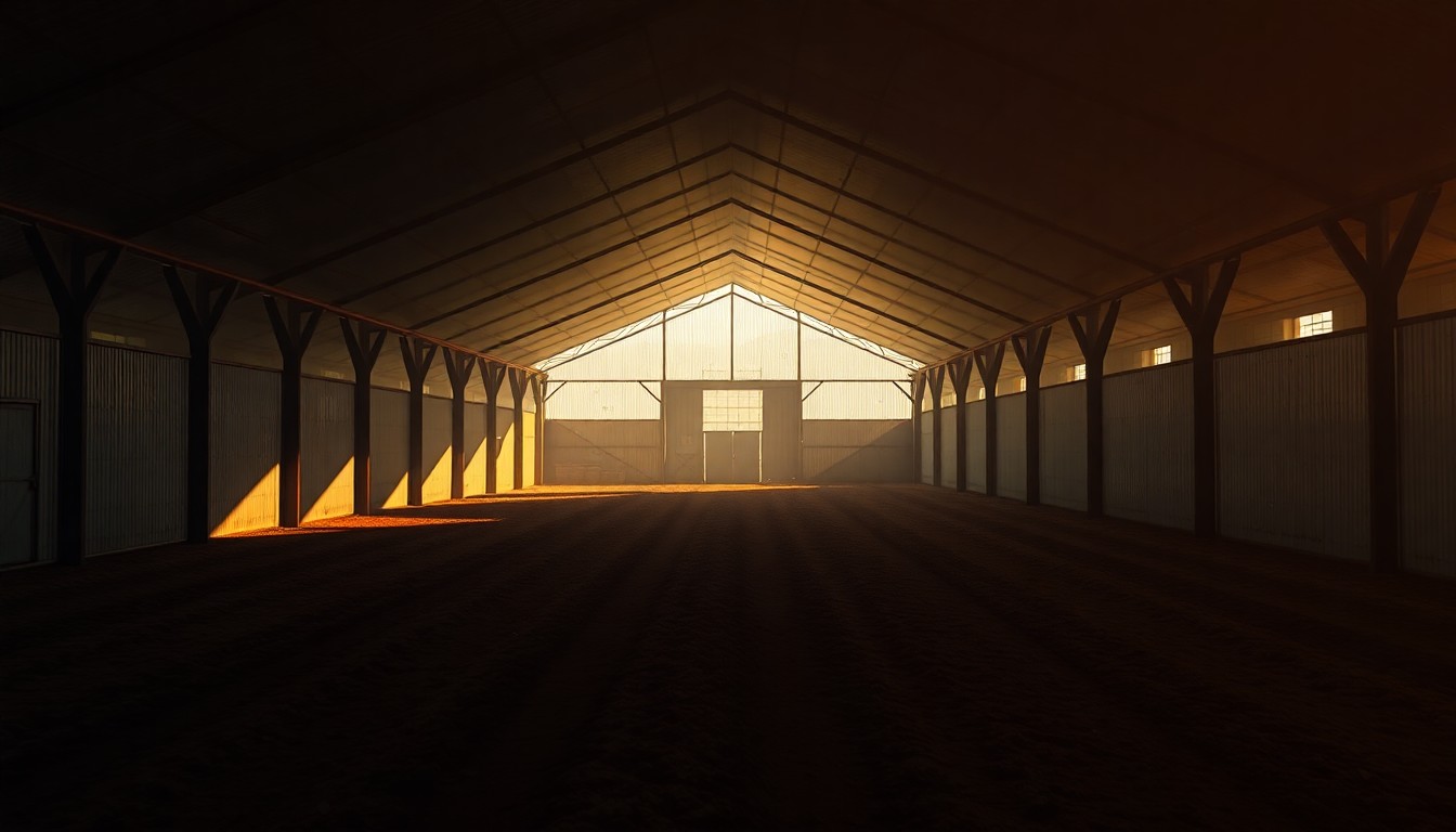 A photorealistic painting of an empty, dilapidated poultry barn in warm, golden light, conveying a sense of isolation and melancholy.