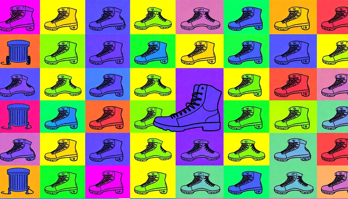 A bold, graphic illustration of a park trash can repeated in a grid pattern, rendered in a high-contrast, neon color palette reminiscent of Andy Warhol's pop art style, conceptually representing the community cleanup efforts.