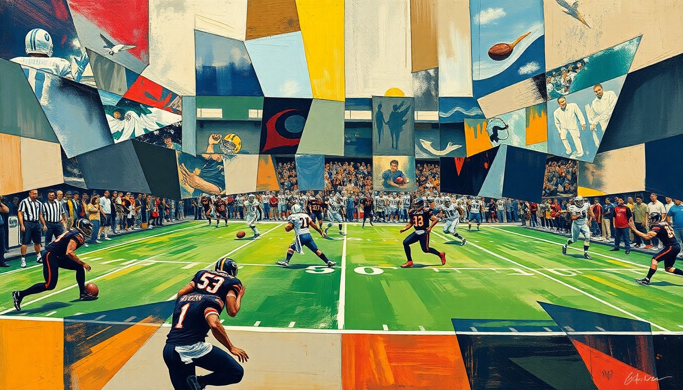 A cubist, geometric painting depicting an indoor football game, with players and the field broken down into overlapping, angular shapes and planes in a vibrant color palette, capturing the dynamic energy of the sport.