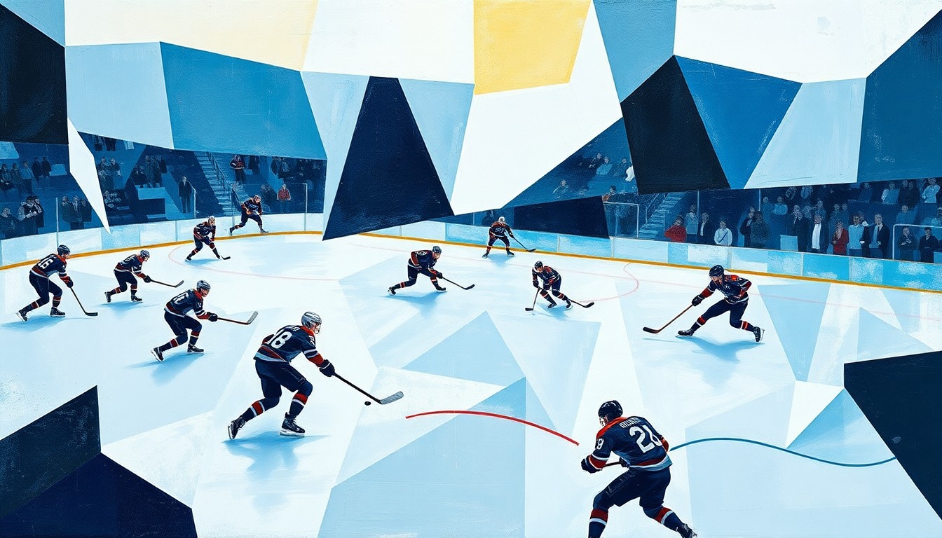 A fragmented, geometric painting depicting the chaotic energy and high-pressure dynamics of a hockey game, with the players and ice reduced to sharp, overlapping planes of color and form.