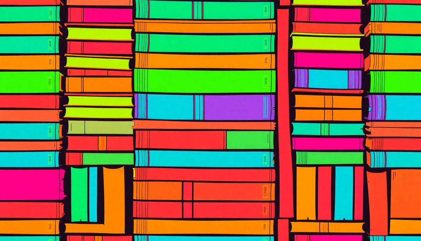 A highly stylized, silkscreen-inspired illustration featuring a repeating grid of vintage hardcover books in a palette of neon pink, electric blue, and highlighter yellow, conceptually representing the wide variety of literary treasures available at the Big Book Sale.