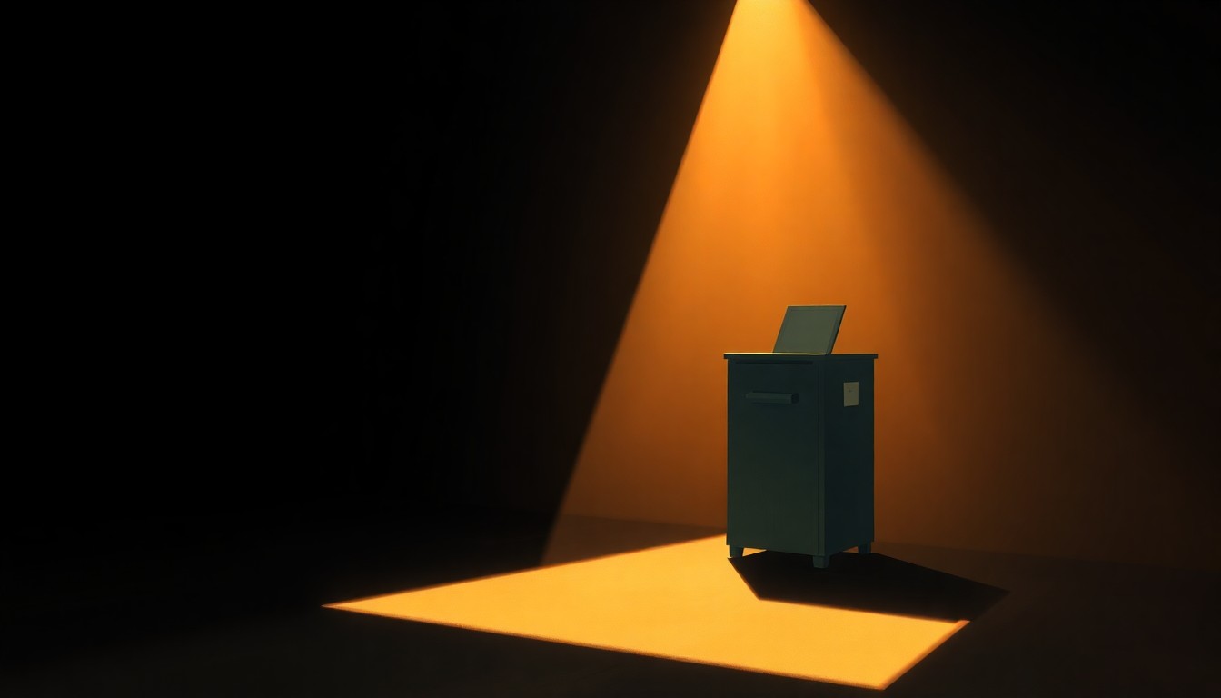 A serene, photorealistic painting of a lone ballot box sitting on a wooden table, with warm sunlight streaming in through a window and casting deep shadows across the scene, capturing the quiet contemplation of the democratic process.