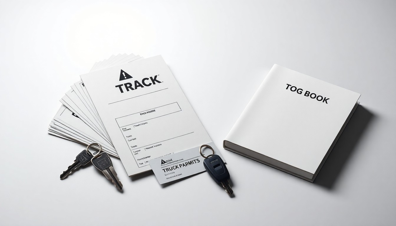 A high-end, photorealistic studio still-life photograph featuring a stack of truck parking permits, a set of truck keys, and a truck driver's logbook arranged elegantly on a clean, monochromatic background, conceptually representing the abstract challenges of the truck parking crisis.
