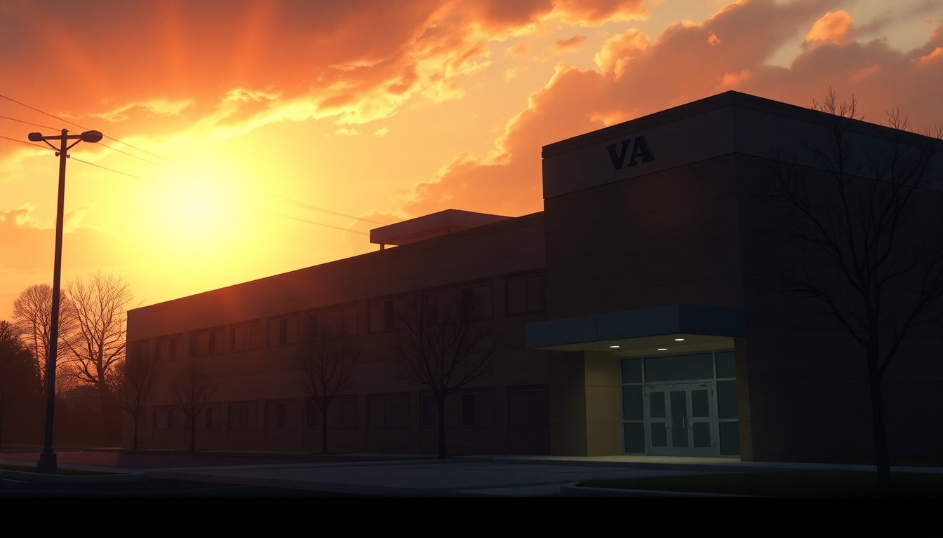 A serene, cinematic painting of a VA medical center building in muted tones, with the structure bathed in warm, angled sunlight and deep shadows, conveying a sense of contemplation and unease around the potential impact of the proposed organizational changes.