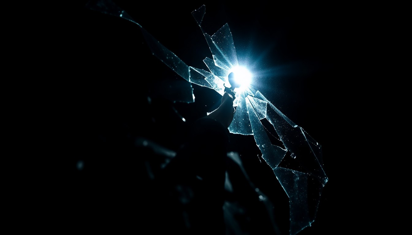 An extreme close-up photograph of a shattered car window or damaged vehicle part, capturing the stark, gritty aftermath of a tragic accident.