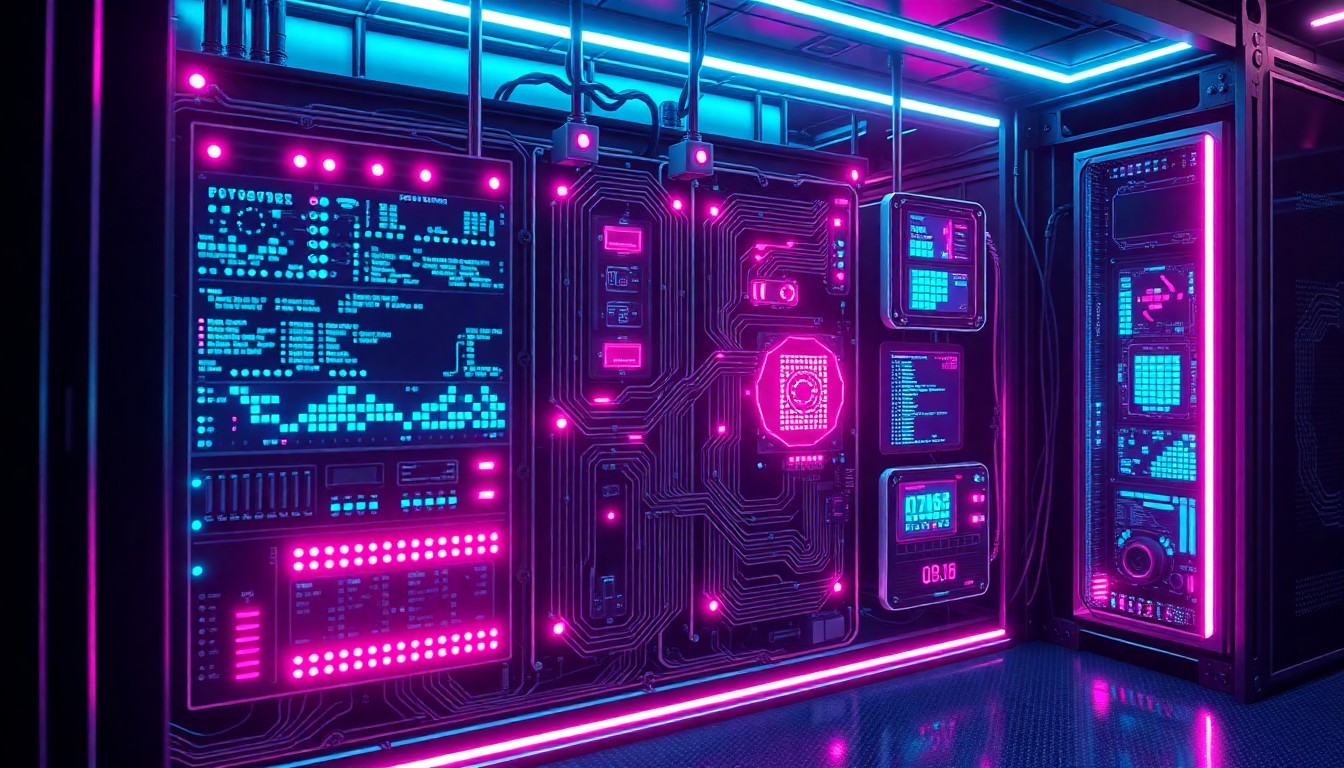A highly detailed, glowing 3D illustration of a futuristic AI control panel or data center hardware, with neon cyan and magenta lights illuminating the intricate cybernetic components, conceptually representing the power of advanced technology to drive innovation.