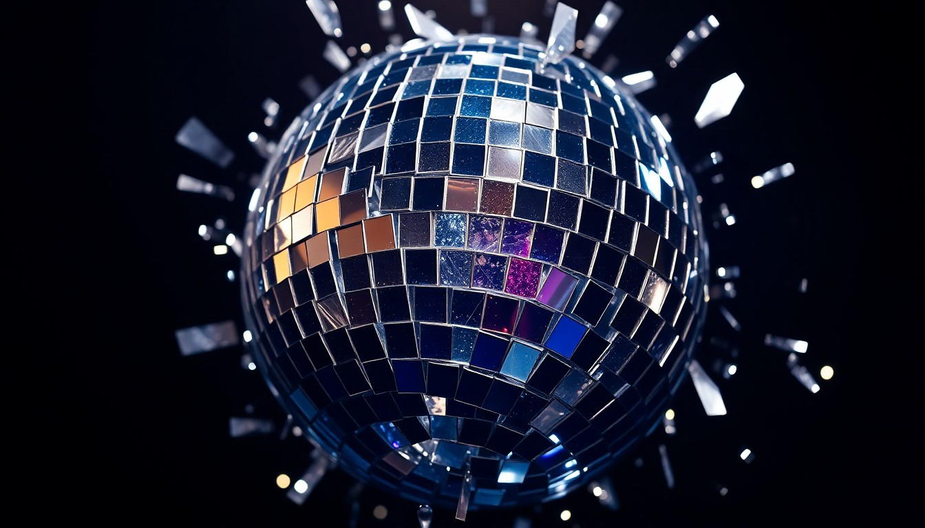An abstract close-up image of a shattered disco ball, with the reflective shards of glass creating a glittering, high-contrast visual texture that evokes the glamour and drama of a legendary rock band's farewell tour.