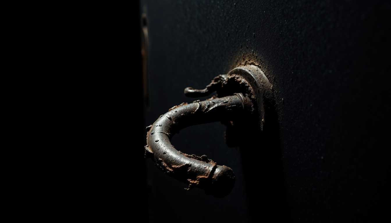 An extreme close-up of a charred, twisted metal door handle from the remains of a trailer, conveying the devastation of a fatal fire through a stark, gritty visual style.