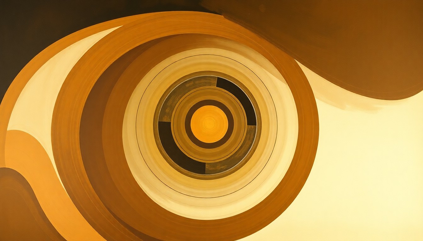 A highly structured abstract painting in earthy tones, featuring sweeping geometric arcs, concentric circles, and precise spirals, conceptually representing the complex forces and concepts behind the Artemis space program.