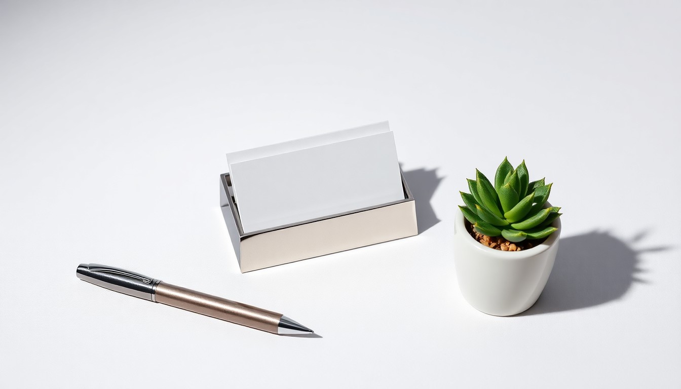 A photorealistic studio still life featuring a polished metal business card holder, a sleek pen, and a small potted succulent plant, arranged elegantly on a clean, white background with dramatic lighting and shadows, symbolizing the strategic connections and professional growth opportunities that emerged from the networking event.