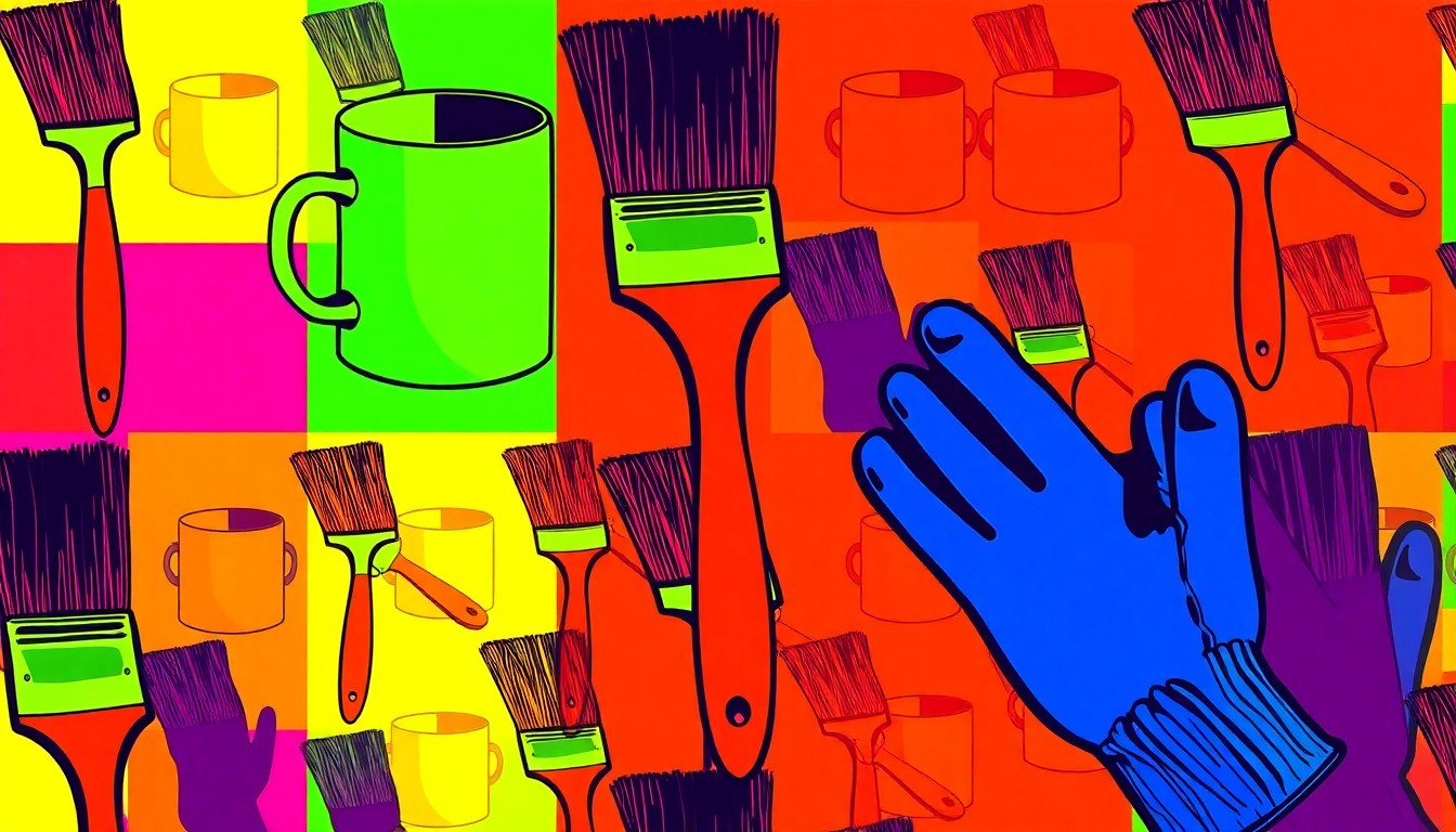 A brightly colored, high-contrast silkscreen print featuring a repeating grid of everyday lifestyle objects like a coffee mug, paintbrush, and gardening gloves, conceptually representing the range of community events and activities taking place in the Mountainair area.