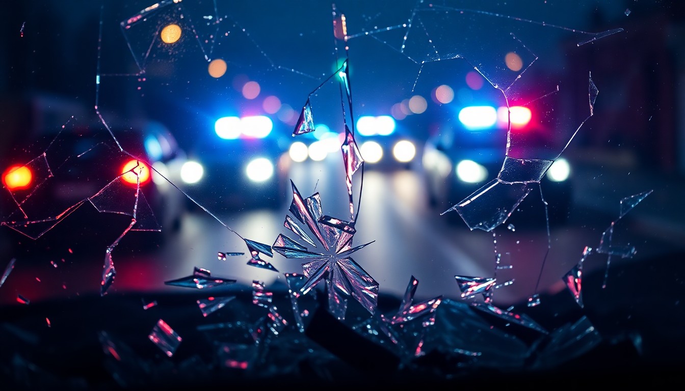 An extreme close-up photograph of a shattered car windshield reflecting the flashing lights of police vehicles, conceptually illustrating the aftermath of a deadly crash involving a fleeing suspect and innocent victims.