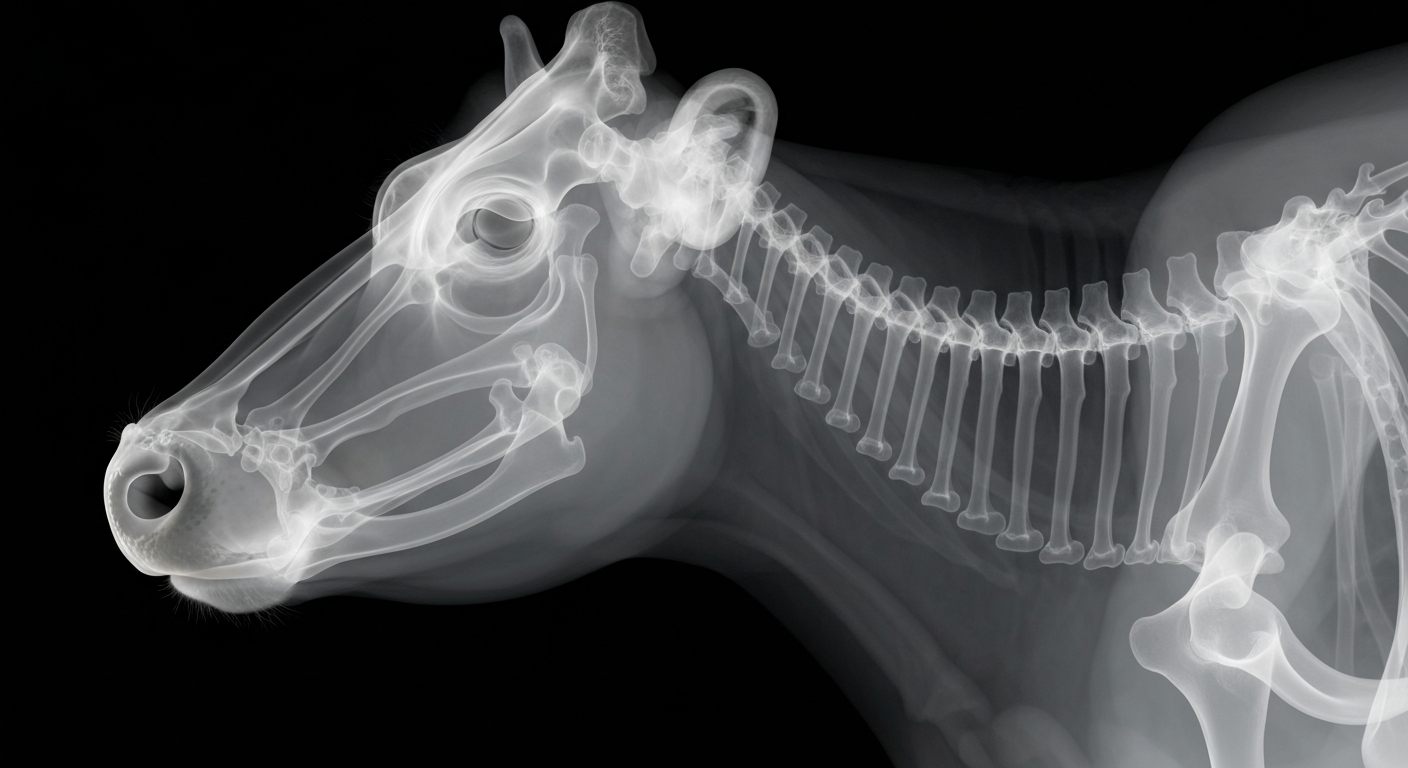 A translucent X-ray photograph revealing the internal skeletal structure of a cow's head and neck, conceptually illustrating the detection and management of bovine tuberculosis in cattle.