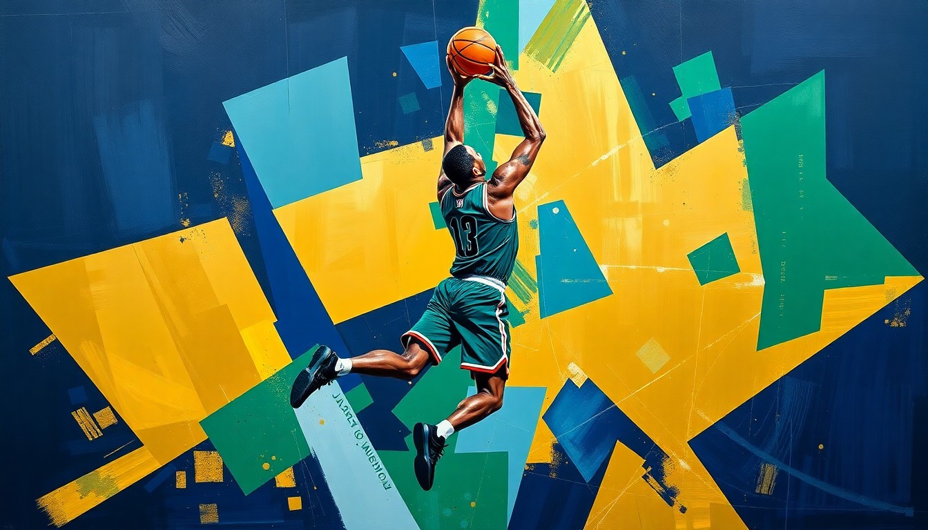 A fractured, cubist-style painting depicting the movements and shots of a basketball player, with sharp geometric planes in vibrant colors representing the energy and dynamism of the sport.
