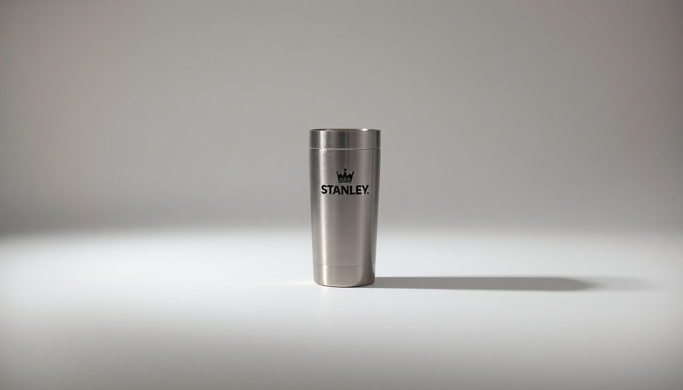 A high-end, photorealistic studio still-life photograph of a single Stanley tumbler in a neutral color, placed elegantly on a clean, monochromatic seamless background. The tumbler is made from polished stainless steel and uses sharp, dramatic studio lighting and deep shadows to represent the abstract corporate strategy and risk management challenges faced by the company.