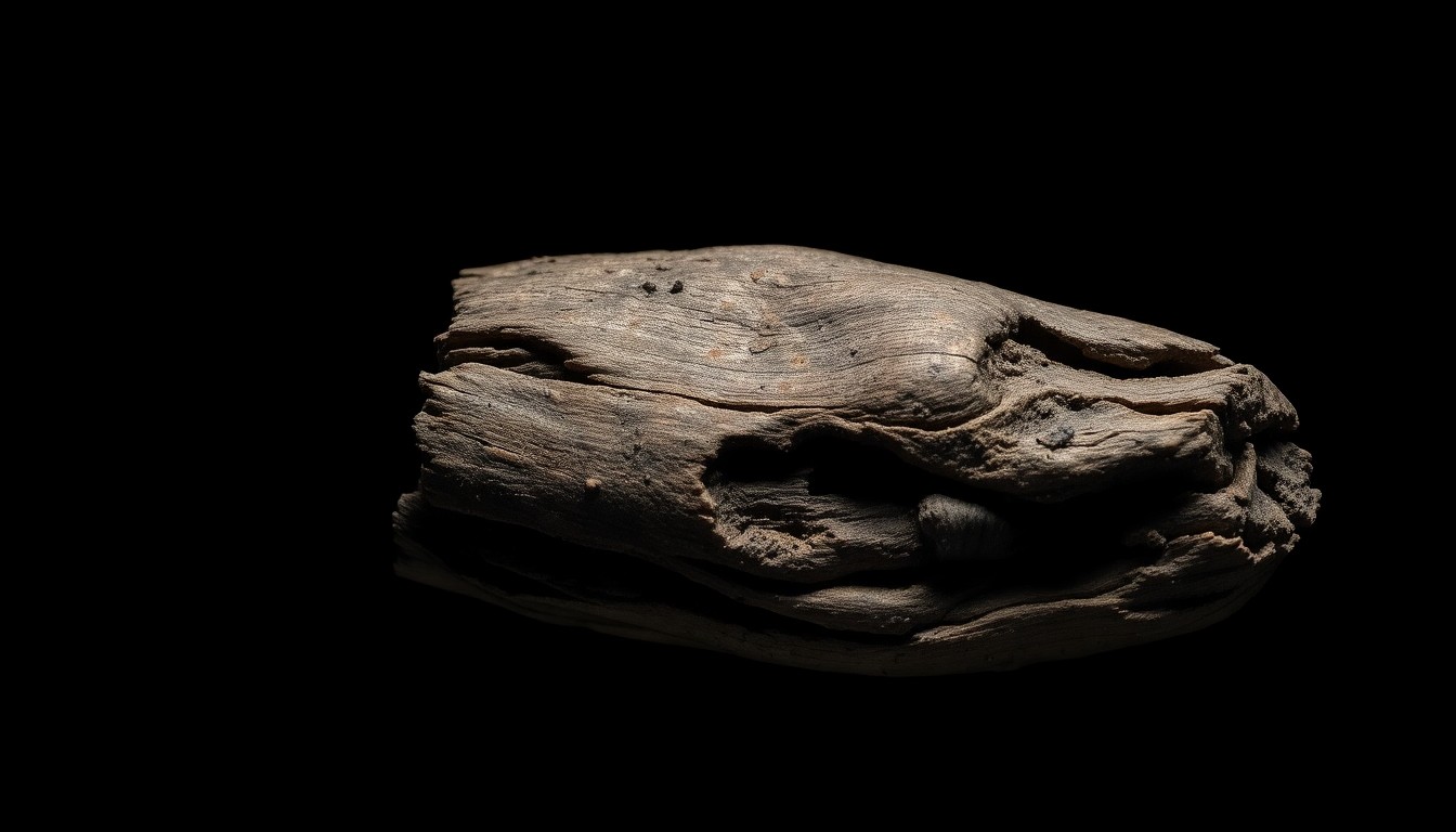 An extreme close-up photograph of a weathered, textured object related to the Raizal community, such as a worn piece of driftwood or a tarnished metal tool, lit by a harsh, direct camera flash against a pitch-black background, conceptually illustrating the gradual loss of cultural identity.