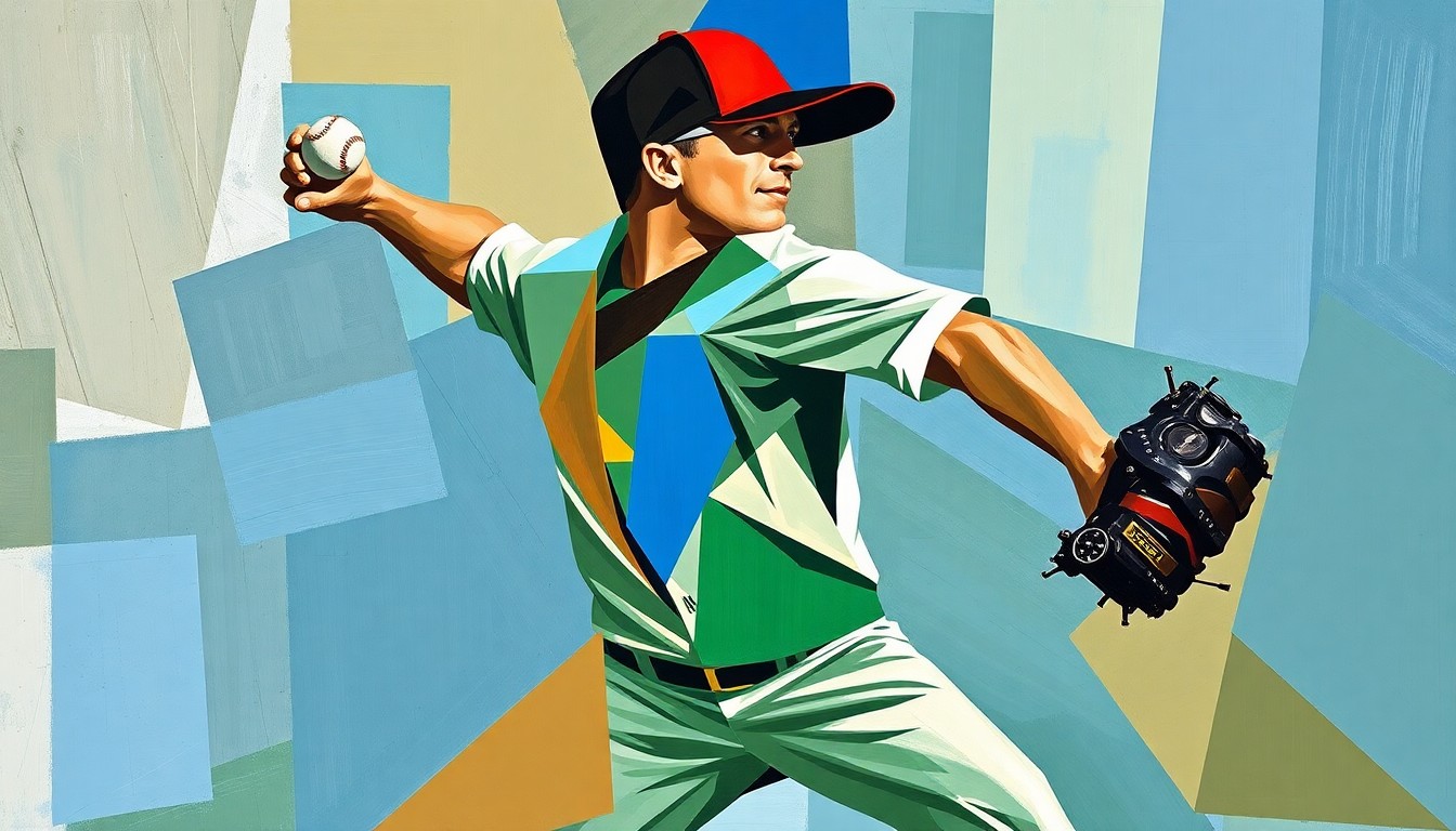 A cubist-style painting featuring fragmented, geometric shapes in shades of blue, green, and brown, depicting the motion of a baseball pitcher in an abstract, non-representational manner.