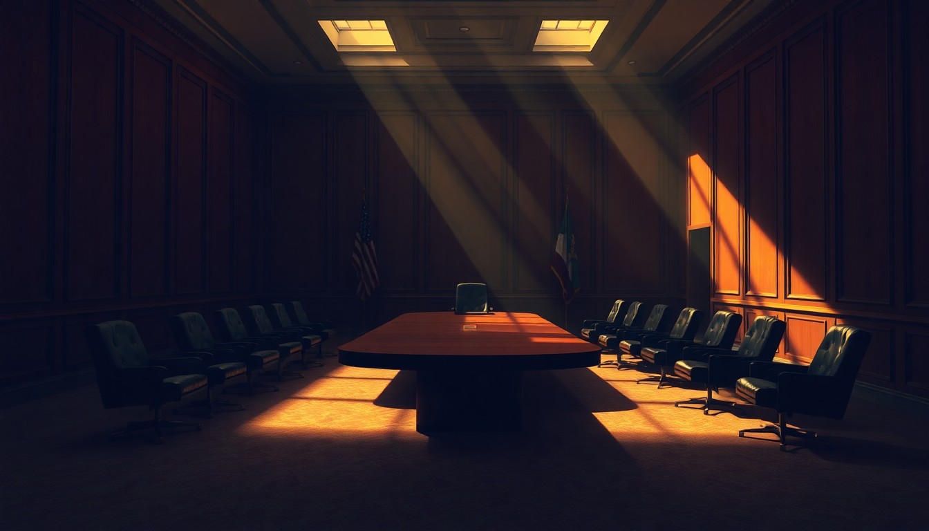 A dimly lit, empty government meeting room with a single chair and table, the warm sunlight casting long shadows and creating a sense of solitude and unease, conceptually representing the unresolved tensions in the political process.