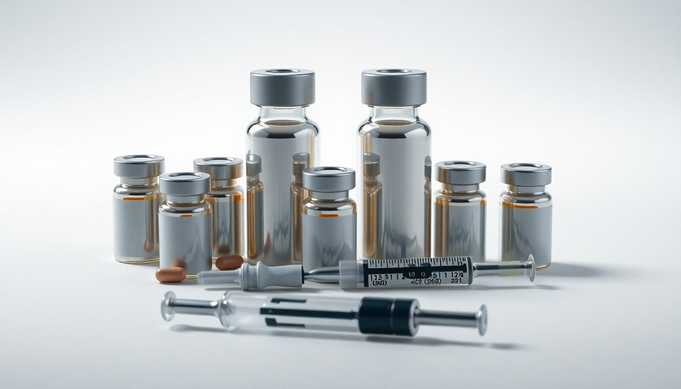 A high-end, photorealistic studio still-life photograph featuring a collection of polished metal pharmaceutical vials and syringes arranged elegantly on a clean, monochromatic background, conceptually representing the abstract issues of drug pricing, supply chain disruption, and innovation in the life sciences industry.