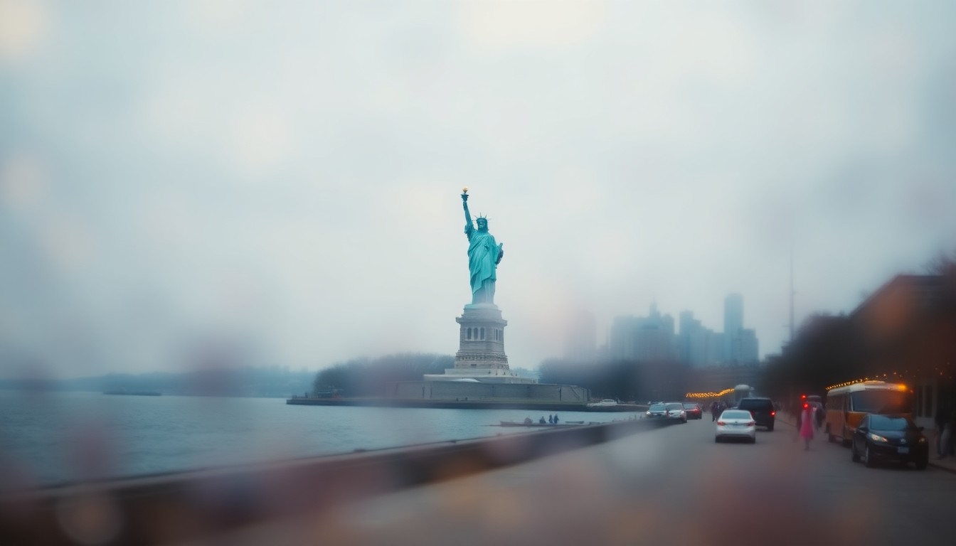 An impressionistic, out-of-focus photograph depicting the distant silhouette of the Statue of Liberty through a hazy, rain-streaked lens, with the Battery Park waterfront and promenade in the blurred foreground, conveying a sense of the obstruction and diminished public access to this iconic New York City sight.