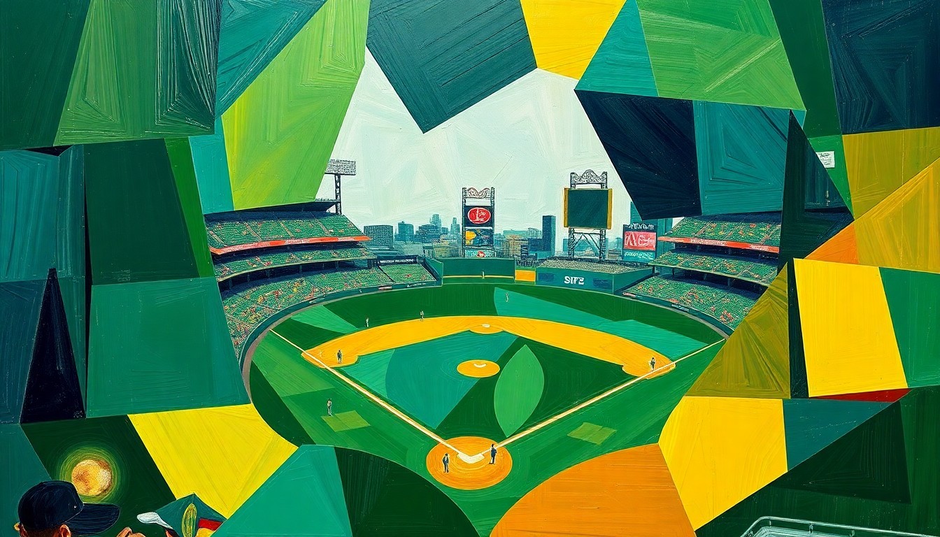A cubist, geometric painting depicting a baseball game in motion, with players and the field fractured into sharp, overlapping planes of color.