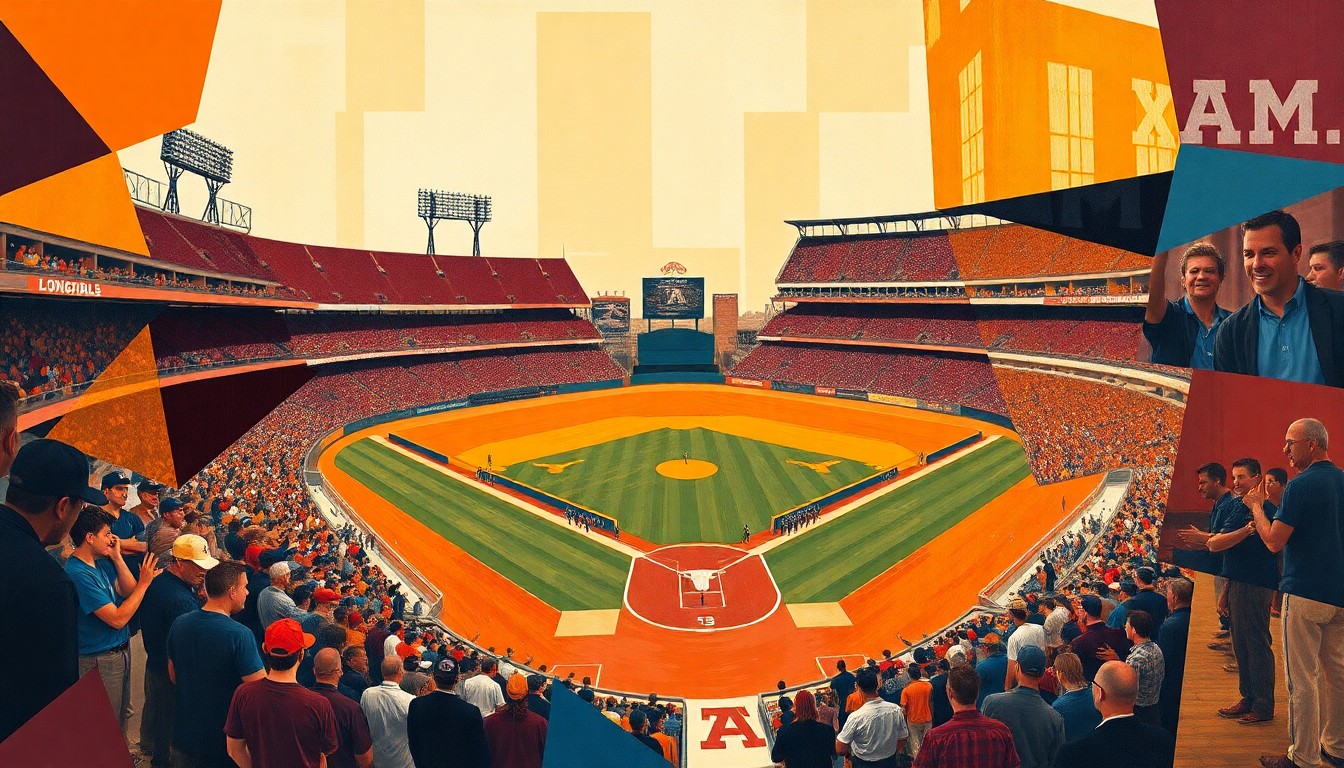 A cubist, geometric painting depicting a college baseball game, with sharp, overlapping planes of burnt orange, maroon, and navy blue, capturing the dynamic action and rivalry between the two teams.