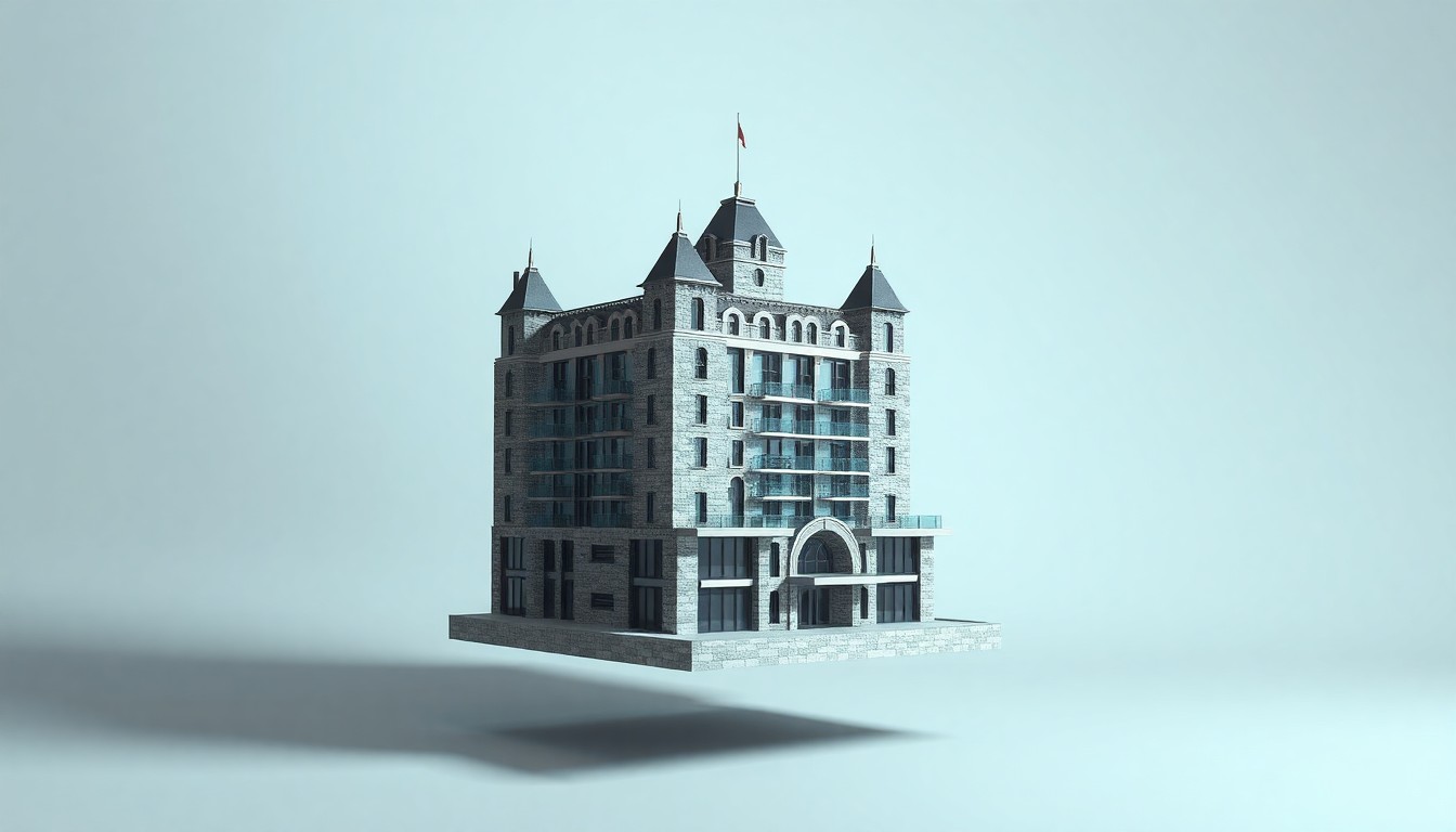 A minimalist, high-contrast studio photograph of a polished, geometric model of a castle-shaped hotel building, floating on a clean, monochromatic background and dramatically lit to convey a sense of investment, adaptation, and reinvention in the hospitality industry.