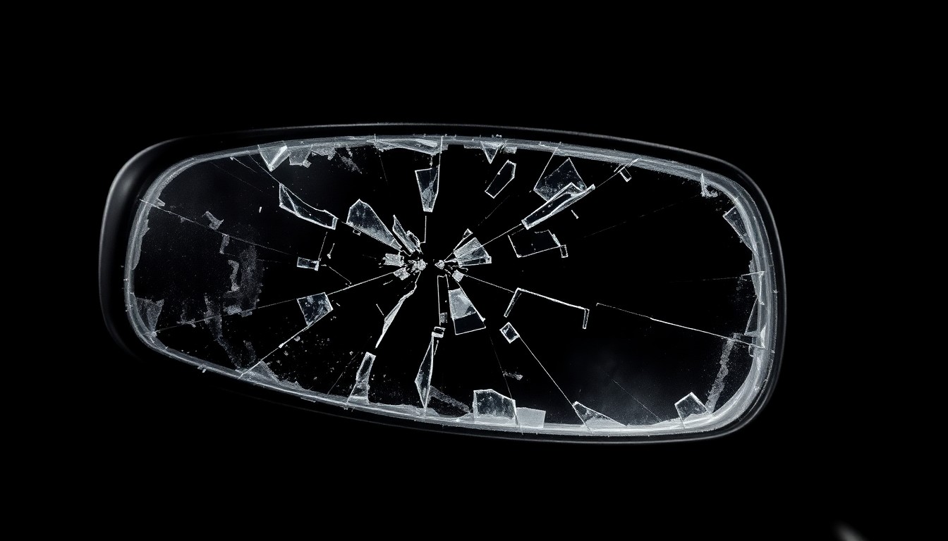 An extreme close-up photograph of a shattered car sensor lens reflecting a faint red light, conceptually illustrating the vandalism of self-driving cars.