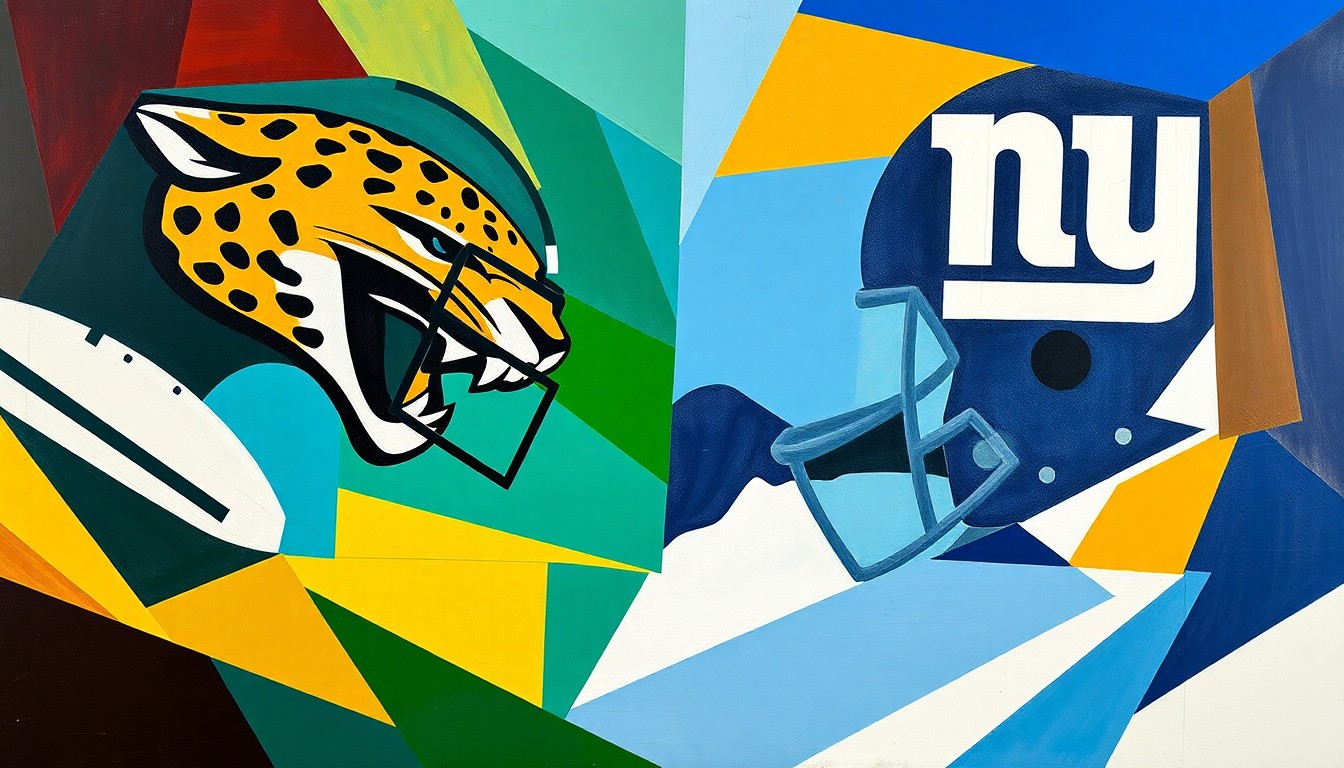 A fractured, geometric painting depicting the intense action of an NFL defensive line, with sharp planes of color representing the movement and collisions of the players.