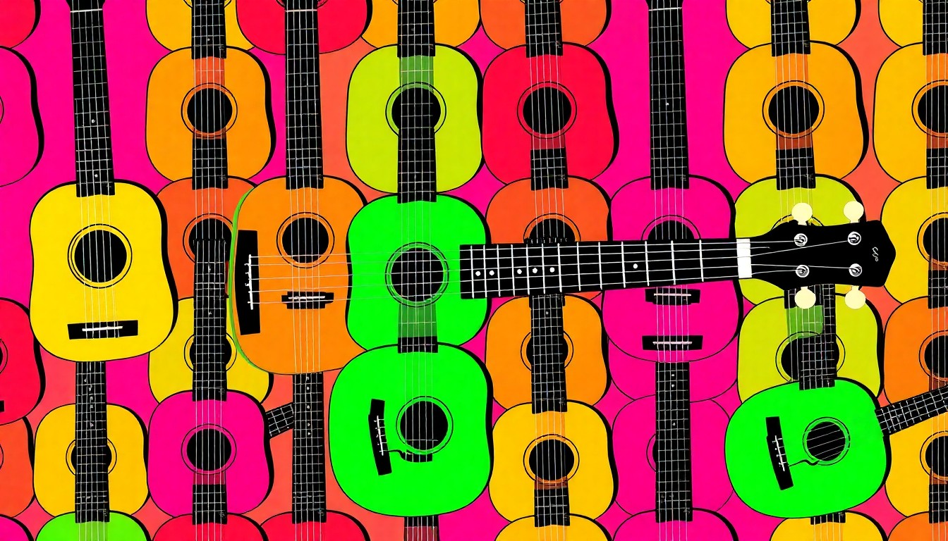 A bold, colorful silkscreen print featuring a repeated image of a Hawaiian ukulele in a grid pattern, capturing the celebratory spirit of the cultural exchange between the two schools.