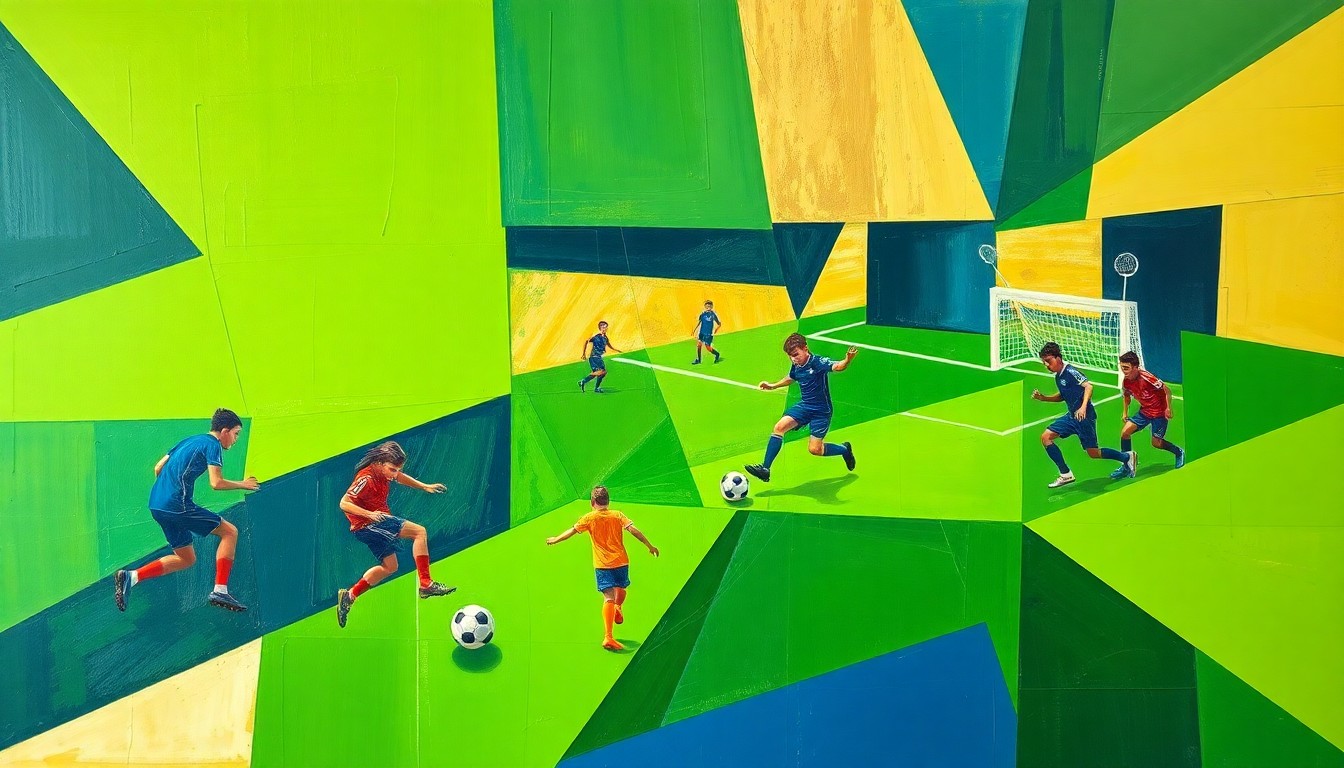 A cubist, geometric painting depicting the dynamic action and energy of a youth soccer match, with overlapping planes of bright green, navy blue, and gold.