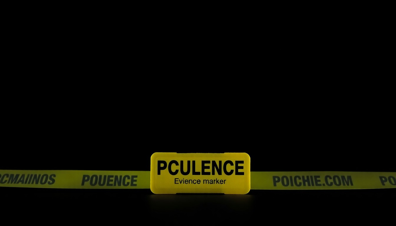 An extreme close-up photograph of a police evidence marker, such as a numbered placard, against a stark black background, lit dramatically by a harsh camera flash to create a gritty, investigative aesthetic.