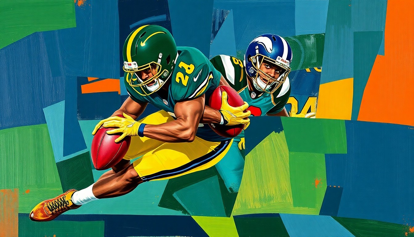 A fragmented, geometric painting depicting the powerful movements of a defensive tackle making a tackle, with sharp planes of navy, green, and orange conveying the intensity of the action.