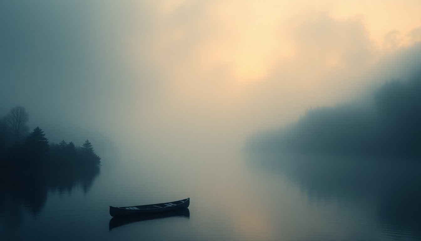A serene, atmospheric landscape painting in muted blues and grays, with the faint outline of an overturned kayak barely visible in the distance, conveying the overwhelming scale and power of the natural environment.