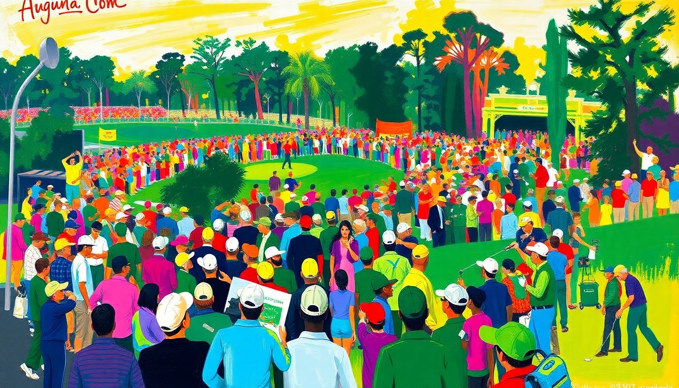 An abstract, expressionist painting in vibrant neon colors, with rapid brushstrokes capturing the energy and excitement of the crowds at Augusta National Golf Club during the 90th Masters Tournament practice rounds.