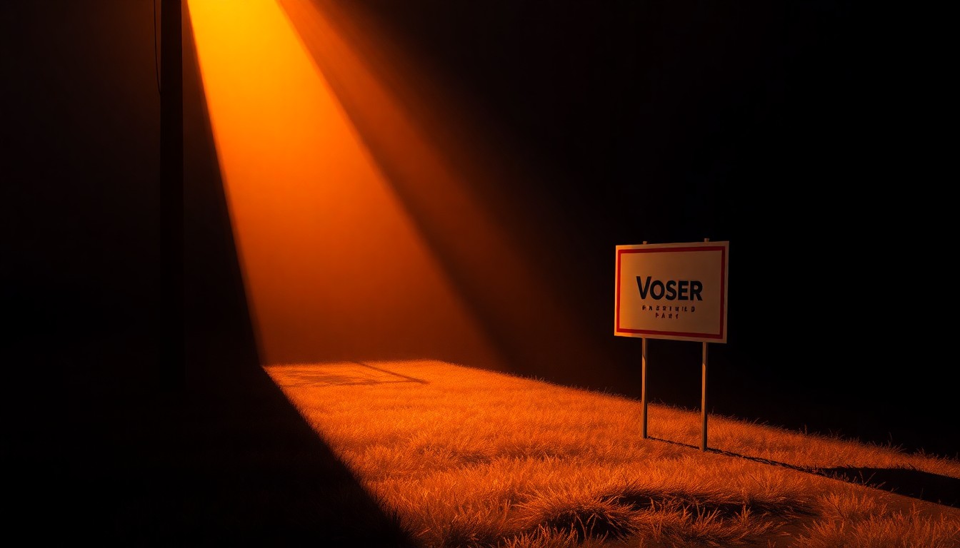A photorealistic painting of a lone political campaign sign standing on a residential street, with the sign partially obscured by deep shadows and warm, diagonal sunlight, conveying a sense of isolation and tension.