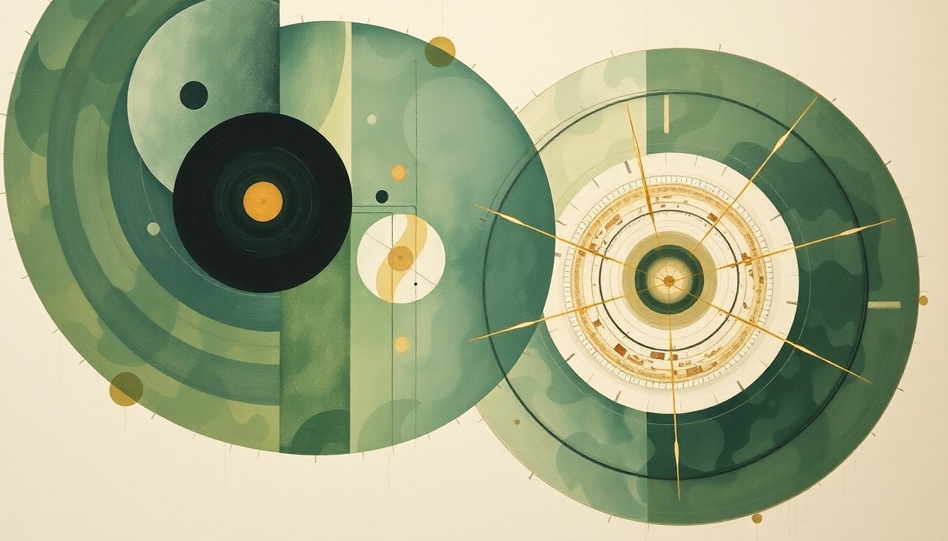 A highly structured abstract painting in muted earthy tones, featuring sweeping geometric arcs, concentric planetary circles, and precise botanical spirals, conveying the intricate forces and concepts behind the Artemis II moon mission.