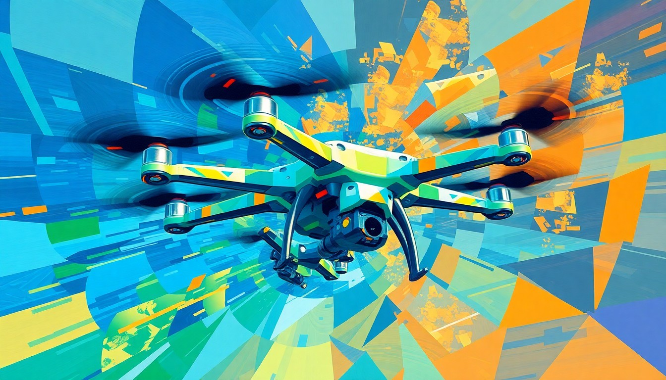 A fractured, abstract painting depicting a drone in flight, with its propellers and body repeated in overlapping geometric waves of vibrant blue, green, and orange hues, conveying a sense of rapid technological progress and innovation.