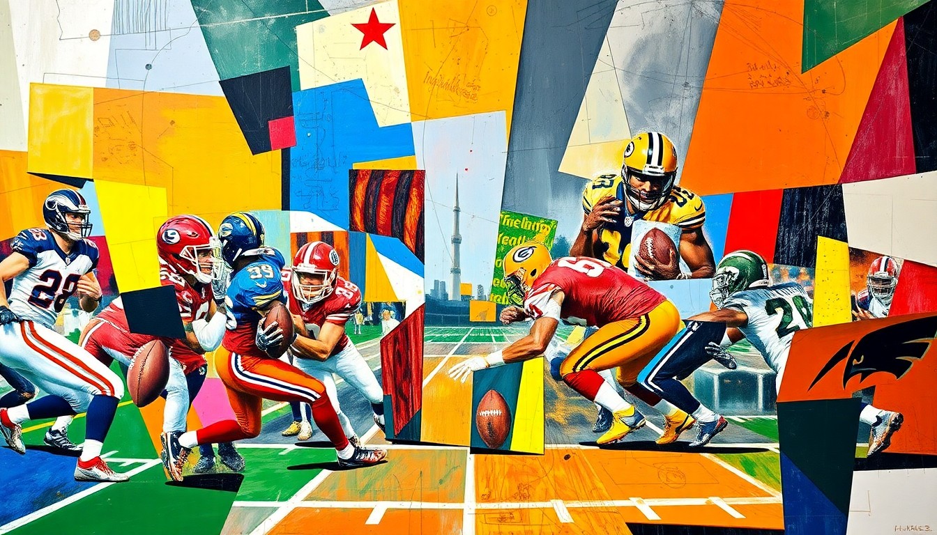 A cubist-style painting depicting fragmented, geometric shapes and planes representing various NFL players and positions, conveying the complex and evolving economics of the league.
