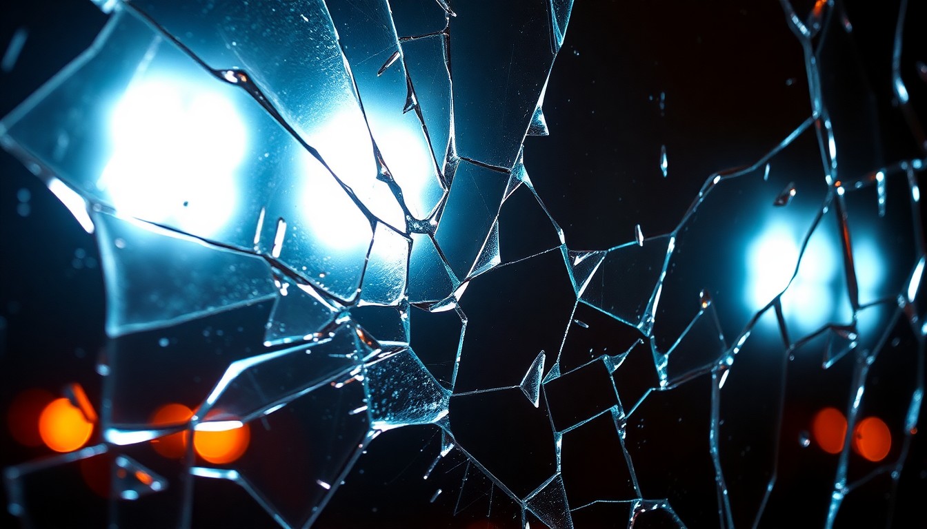 An abstract close-up photograph of shattered glass reflecting dramatic studio lighting, conceptually representing the intense emotional conflict at the heart of the Netflix thriller series 'Beef.'