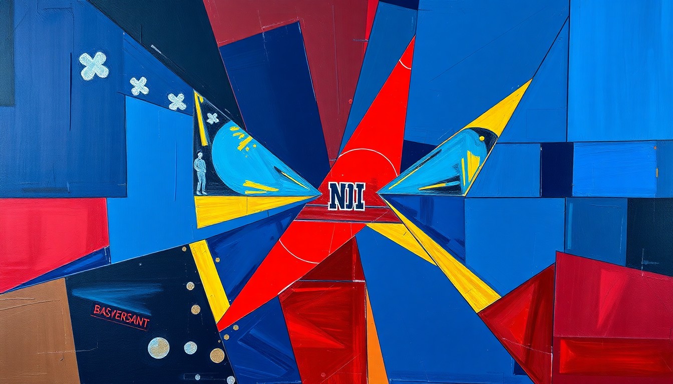 A fragmented, cubist-style painting depicting the frenetic action of a college basketball game, with overlapping geometric shapes in shades of navy, crimson, and gold conveying the dynamic energy of the sport.