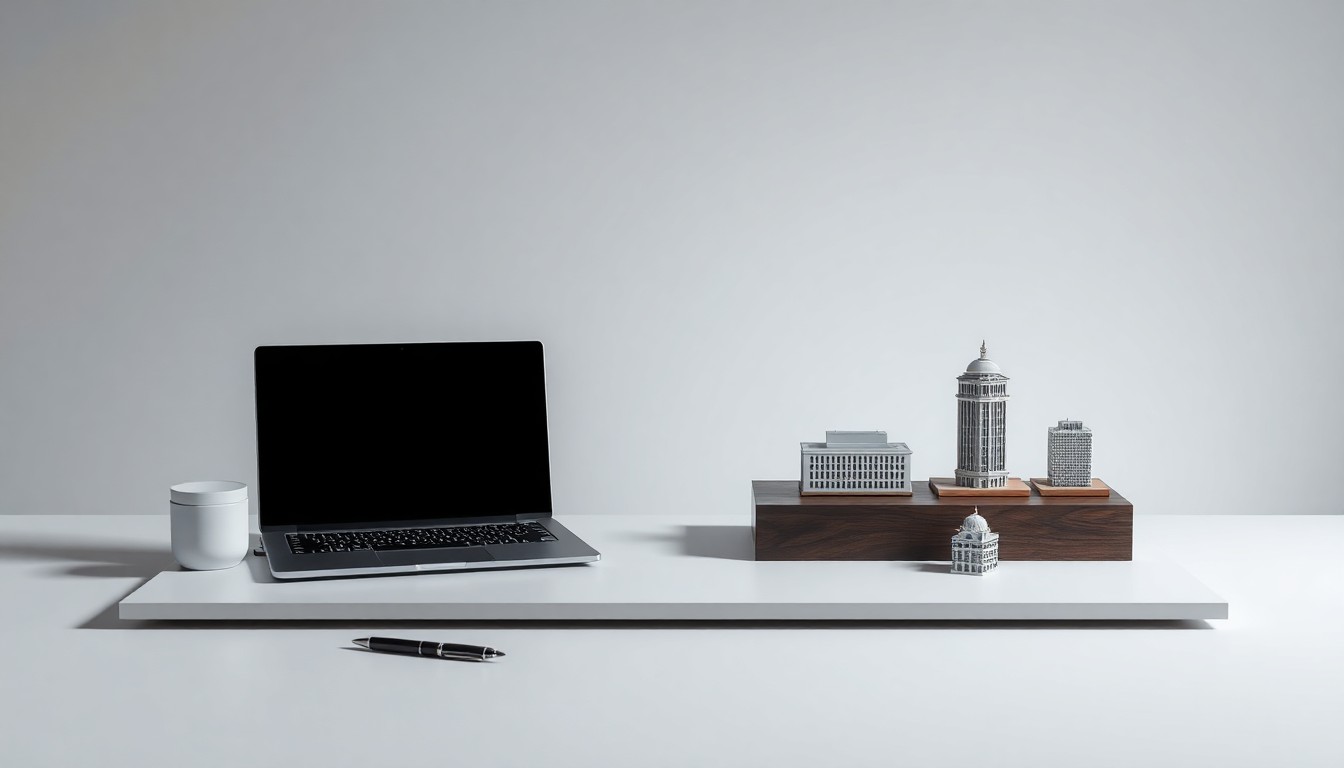 A high-end, photorealistic studio still-life photograph featuring a sleek, modern desk with a laptop, pen, and a few architectural models or miniature office supplies arranged elegantly on a clean, monochromatic seamless background, conceptually representing the abstract ideas of corporate strategy, finance, and business growth opportunities.