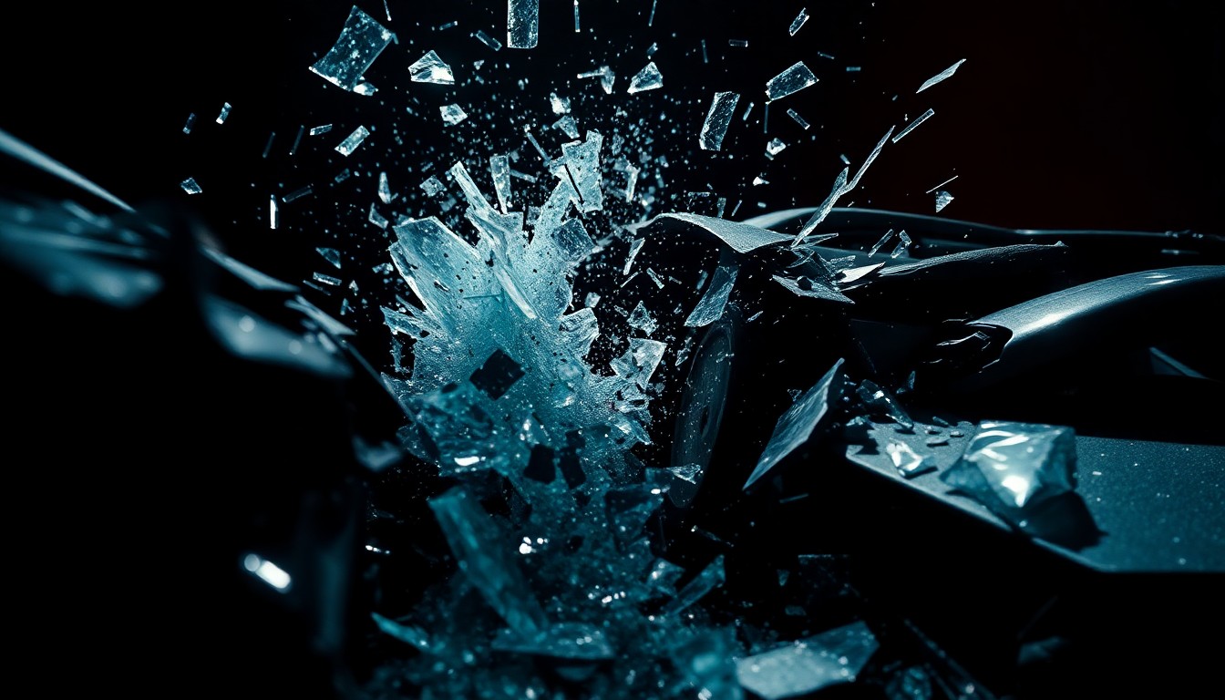 An abstract close-up photograph of twisted, reflective metal and shattered glass in high-contrast lighting, conveying the emotional impact of a serious vehicle collision.