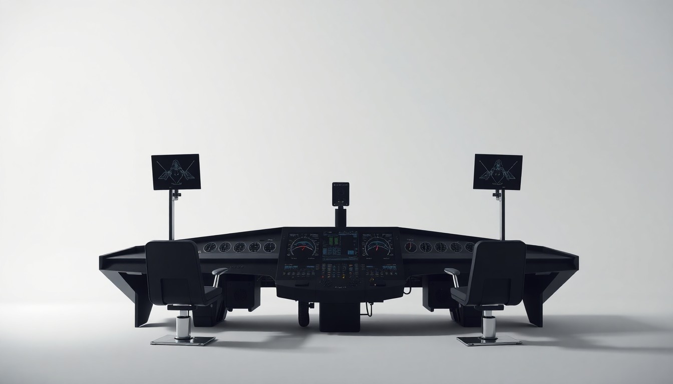 A high-end, photorealistic studio still-life photograph featuring a sleek, modern air traffic control console with minimal, polished metal and glass components arranged elegantly on a clean, monochromatic background, conceptually representing the complex systems that keep air travel safe and efficient.